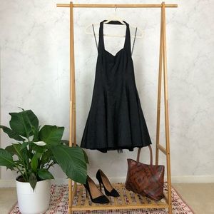 Vintage 80s Black Jacquard Halter Prom Party Dress